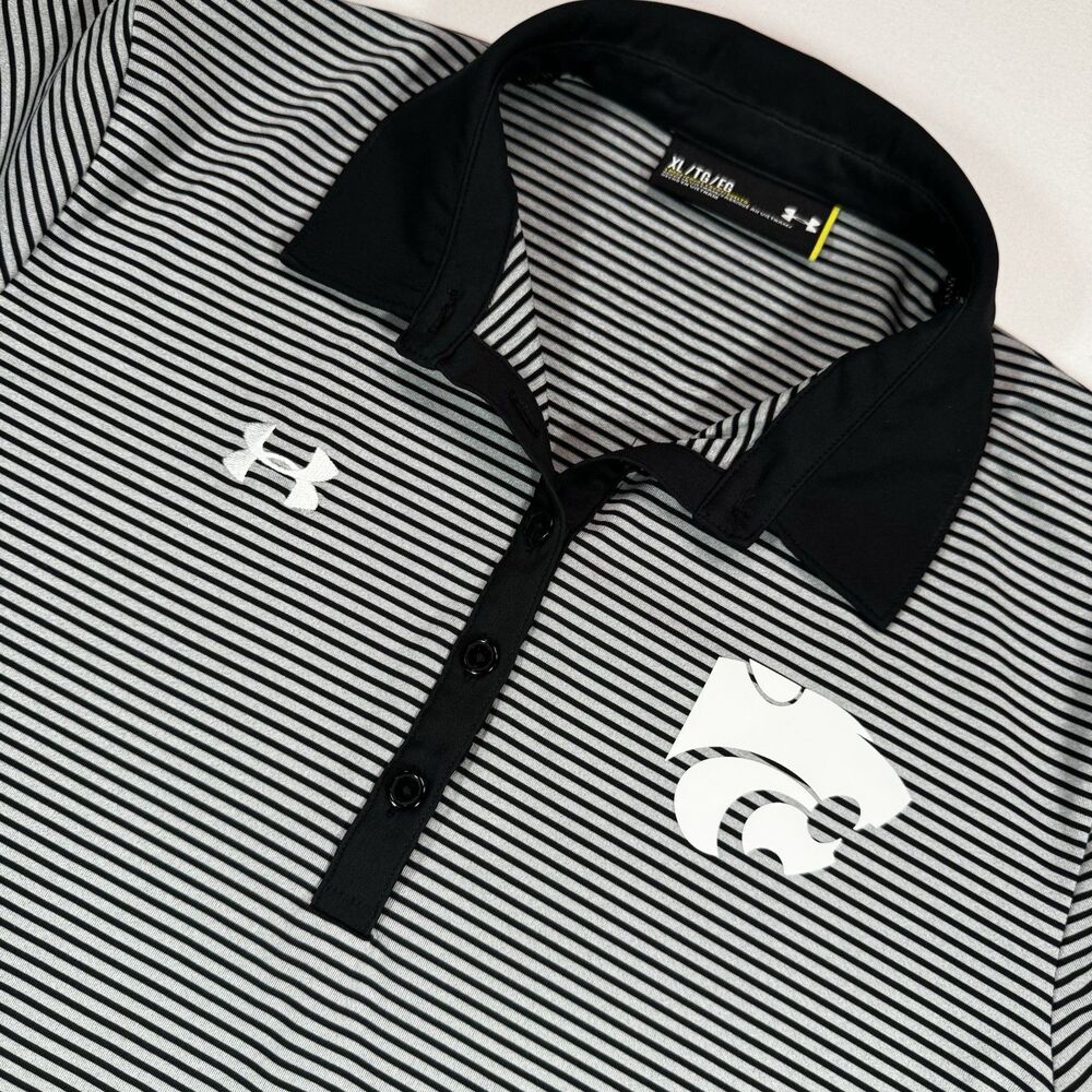 Under Armour Black & White Striped Performance Polo with Logos